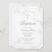 Invitation Baptême Marbre blanc Scripts croisés argent (Devant)