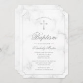 Invitation Baptême Marbre blanc Scripts croisés argent (Devant / Derrière)