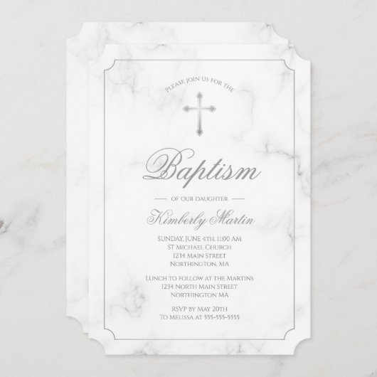 Invitation Baptême Marbre blanc Scripts croisés argent (Devant / Derrière)