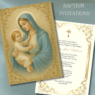 Invitation Baptême Marie Jésus Bleu et Or