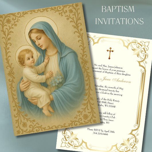 Invitation Baptême Marie Jésus Bleu et Or