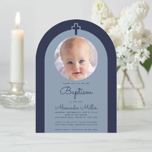 Invitation Baptême Marine Arch Boy Photo Dusty Blue Script