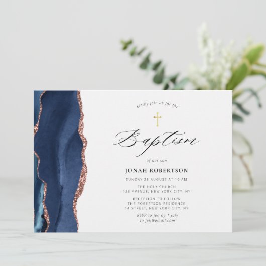 invitation baptême marine bleu agate (Debout devant)