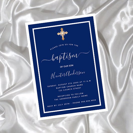 Invitation Baptême marine bleu blanc bébé garçon Croix d'or