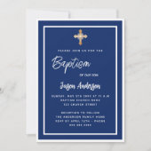 Invitation Baptême marine bleu blanc garçon Croix d'or (Devant)