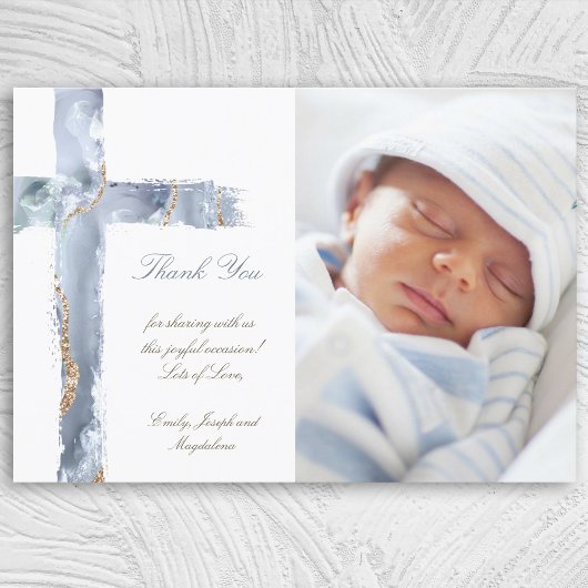 Invitation Baptême merci aquarelle agate bleu croix