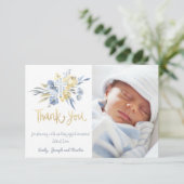 Invitation baptême merci bébé garçon bleu jaune (Debout devant)