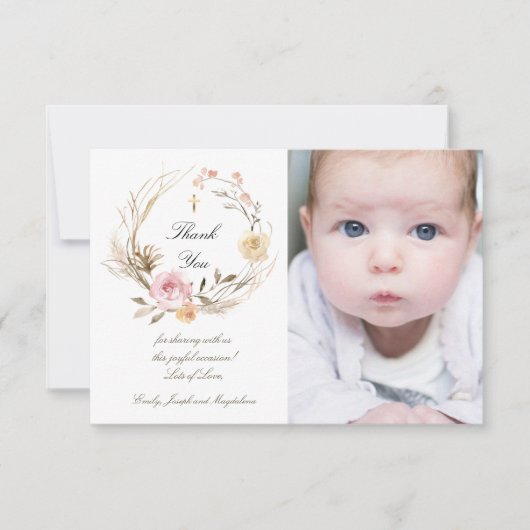 Invitation Baptême merci les fleurs beiges roses (Devant)