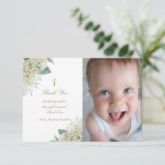 Invitation Baptême merci les fleurs blanches d'hydrangée (Debout devant)