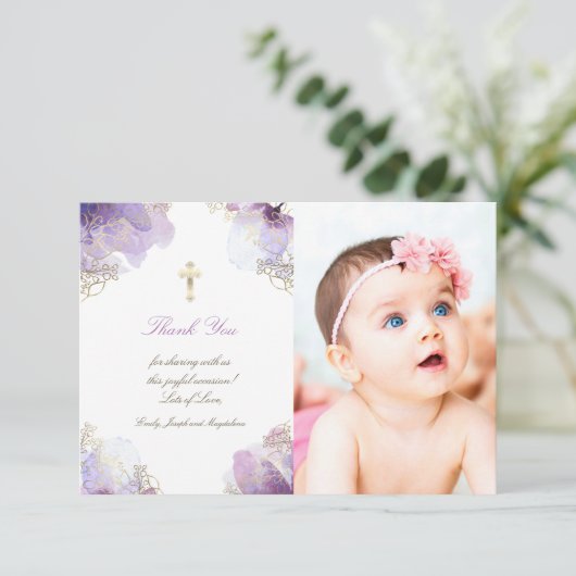 Invitation Baptême merci les fleurs d'aquarelle violette (Debout devant)