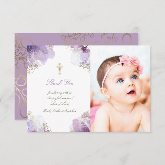 Invitation Baptême merci les fleurs d'aquarelle violette (Devant / Derrière)