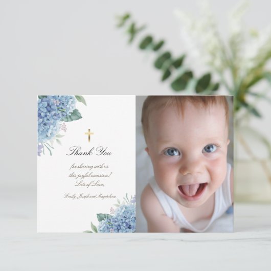 Invitation Baptême merci les fleurs d'hydrangée (Debout devant)