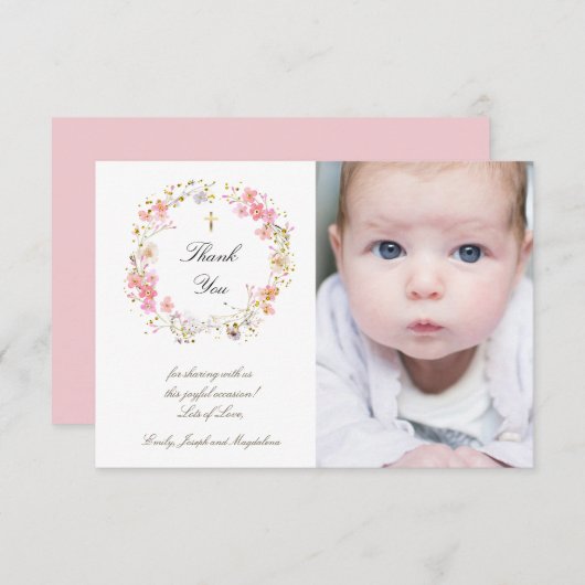 Invitation Baptême merci les fleurs roses (Devant / Derrière)