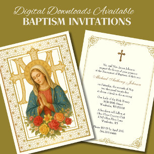 Invitation Baptême Mère Marie Croix mariale Rose