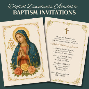 Invitation Baptême Mère Marie Croix mariale Rose