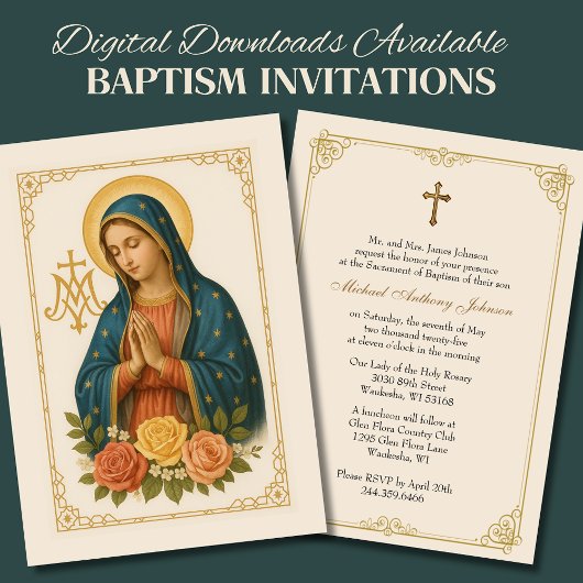 Invitation Baptême Mère Marie Croix mariale Rose