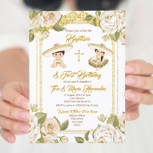 Invitation Baptême mexicain Blanc Floral Twin Boy and Girl