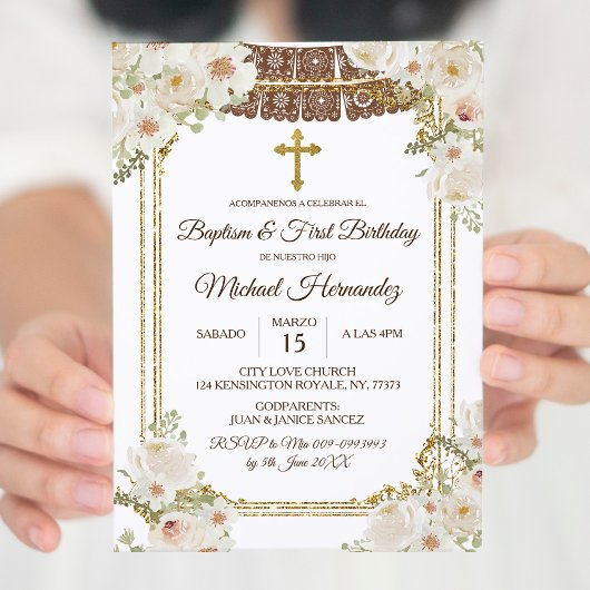 Invitation Baptême mexicain Brown et premier anniversaire