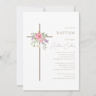 Invitation Baptême minimaliste Croix Élégant Script or