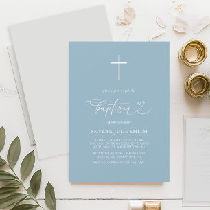 Invitation Baptême minimaliste de croix bleu Dusty