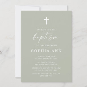 Invitation Baptême minimaliste de genre neutre vert sauge