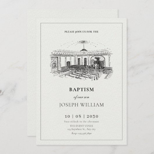 Invitation Baptême minimaliste d'église élégante (Devant / Derrière)