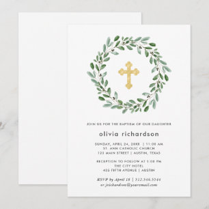 Invitation Baptême minimaliste du feuillage   avec la croix