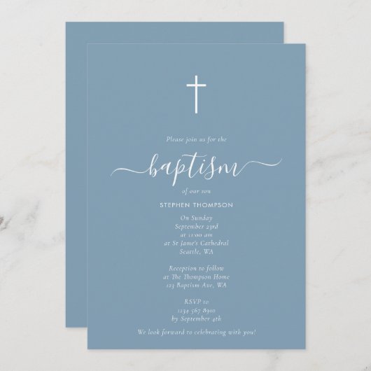 Invitation Baptême minimaliste Dusty Bleu Christening (Devant / Derrière)