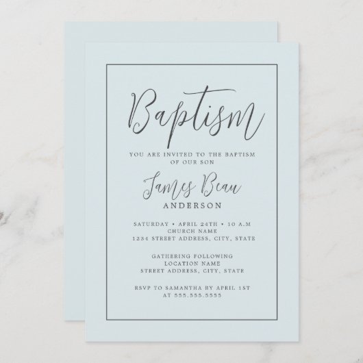 Invitation Baptême moderne bleu (Devant / Derrière)
