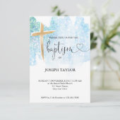 Invitation Baptême moderne Bleu Aquarelle Croix Christening (Debout devant)