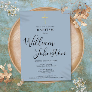 Invitation Baptême Moderne Bleu Poussiéreux Croix Dorée