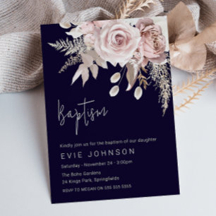 Invitation Baptême Moderne Bohème Rose Poussiéreux & Navy
