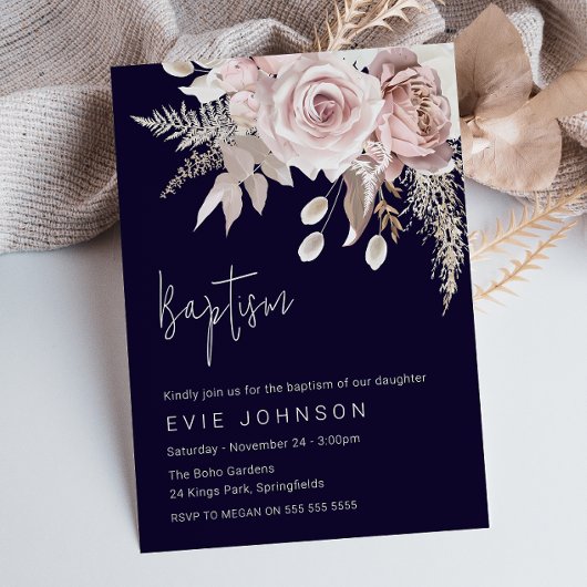 Invitation Baptême Moderne Bohème Rose Poussiéreux & Navy