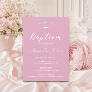 Invitation Baptême Moderne Christening Croix Blanche Rose Pou