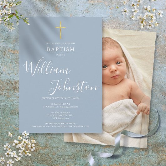 Invitation Baptême moderne Christening Dusty Blue Photo