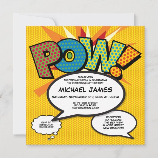 Invitation Baptême moderne Christening Fun Comic Book Photo (Devant)