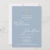 Invitation Baptême moderne Christening Gold Cross Dusty Blue (Devant)