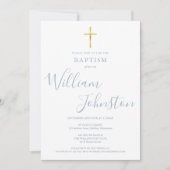 Invitation Baptême moderne Christening Gold Cross Dusty Blue (Devant)