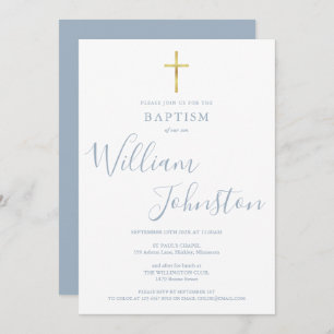 Invitation Baptême moderne Christening Gold Cross Dusty Blue