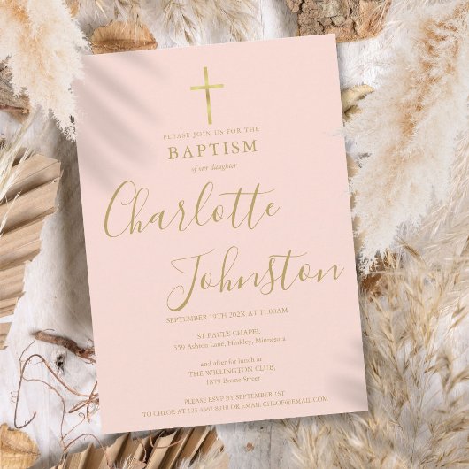 Invitation Baptême moderne Christening Gold Script Blush Rose