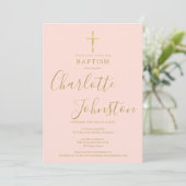 Invitation Baptême moderne Christening Gold Script Blush Rose (Debout devant)
