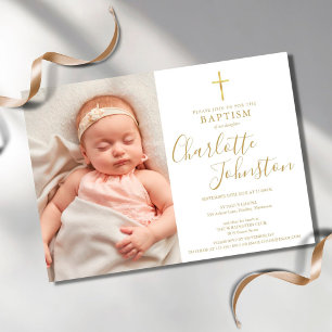 Invitation Baptême moderne Christening Golden Script Photo