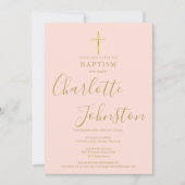 Invitation Baptême Moderne Christening Or Script Rose Pâle (Devant)