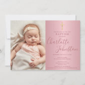 Invitation Baptême moderne Christening Rose Gold Script Photo (Devant)