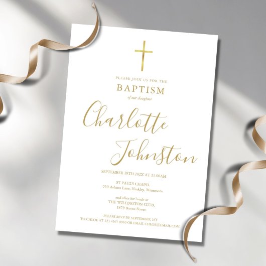 Invitation Baptême moderne Christening Signature dorée
