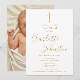 Invitation Baptême Moderne Christening Signature Dorée Photo