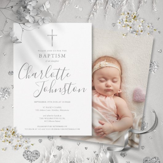 Invitation Baptême moderne Christening Silver Signature Photo