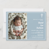 Invitation Baptême moderne Croix blanche Dusty Photo bleue (Devant)