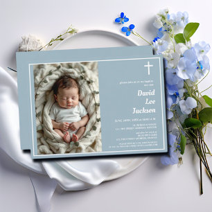 Invitation Baptême moderne Croix blanche Dusty Photo bleue