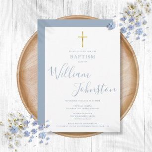 Invitation Baptême Moderne Croix Dorée Bleu Poussiéreux